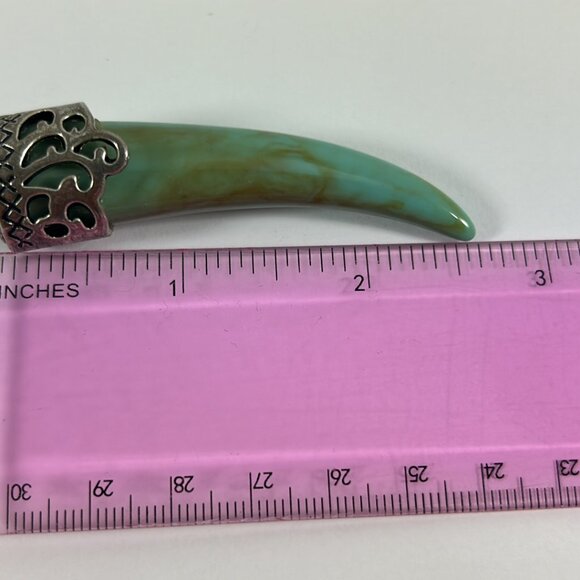 Black Beaded Necklace Faux Jade Wolf Tooth Horn Pendant Silver Tone 34" Long - Picture 7 of 8